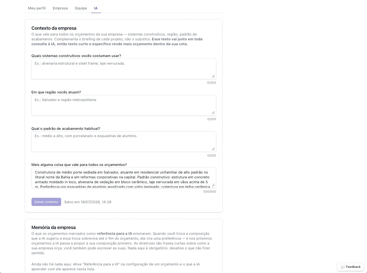 Configuração de IA do Construbud: contexto da empresa (sistemas construtivos, região, padrão de acabamento) e memória com o que os orçamentos de referência ensinaram